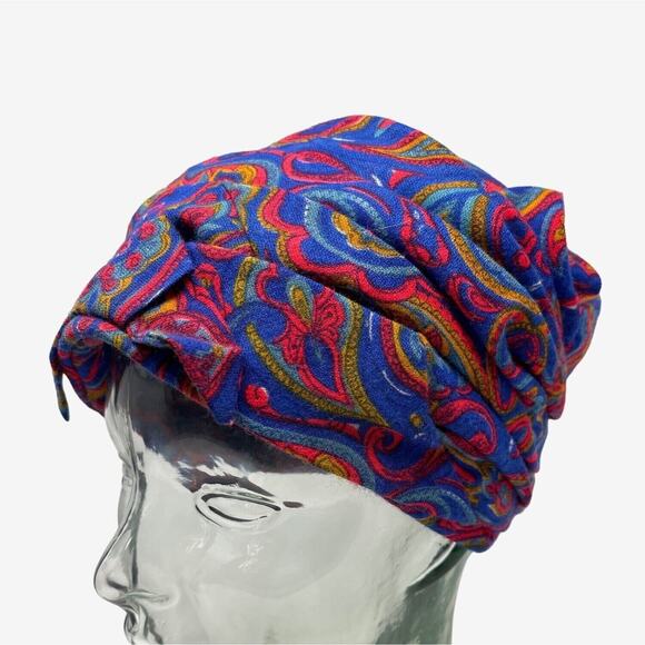60s Turban Style Hat Paisley Blue Red‎ Bow Vintage MidMod Casual Boho Styles main image 5